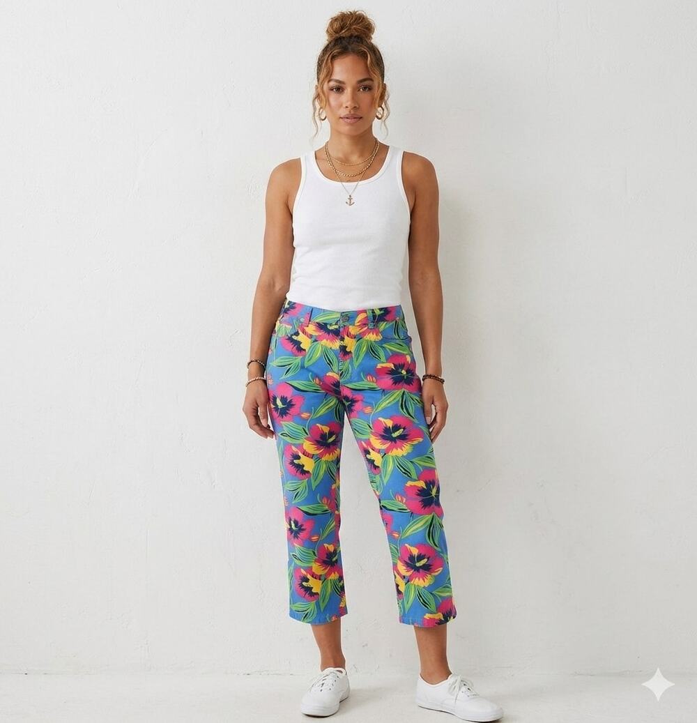 Vtg Polo Jeans Co Ralph Lauren Hibiscus Floral Crop Pants Dopamine Dressing 12